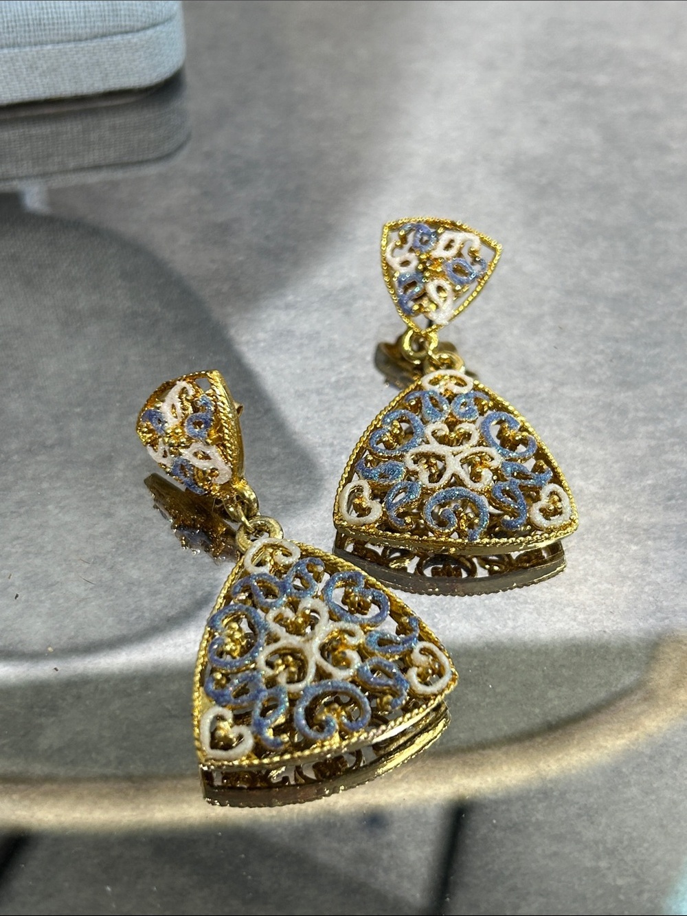 Gold Filigree Drop Earrings with Blue and White Accents